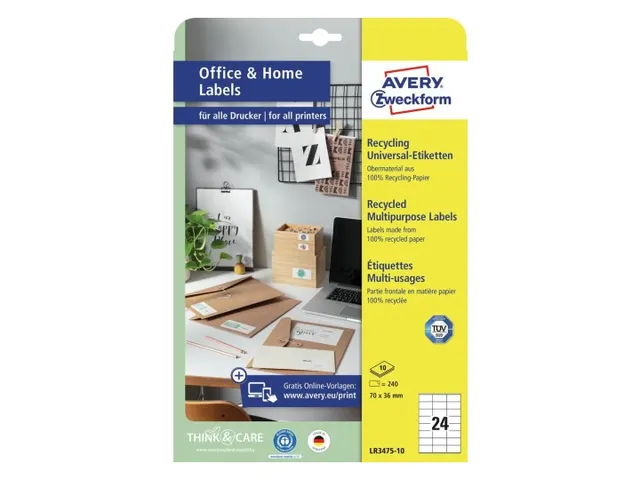 Etiket Avery Zweckform LR3475-10 70x36mm recycled wit 240 stuks