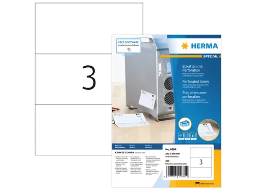 HERMA 4664 Etiketten met perforatie A4 210x99mm Wit 300 stuks