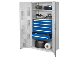 Materiaalkast Geperf. Deuren 1950x1000x600mm 2legborden 5laden Ral7035