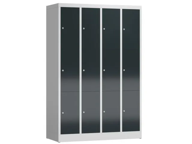 Lockerkast 1800x1185x500mm 4x3 vakken cilinderslot, sokkel, RAL7016