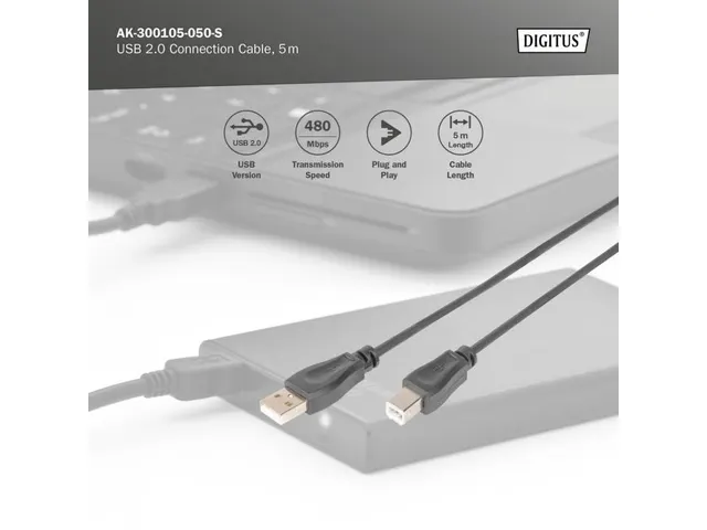 USB 2.0 Aansluitkabel Type A - B St/St 5m Zwart