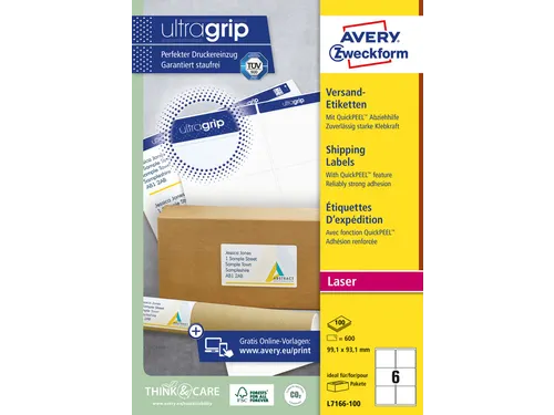 Verzendetiket Avery QuickPeel L7166-100 99.1x93.1mm Wit 600 Stuks