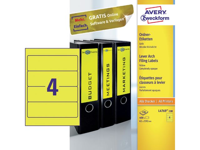 Rugetiket Avery breed 61x192mm zelfklevend geel L4769-100