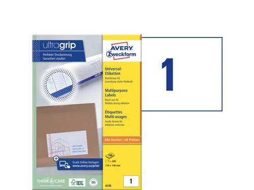 Etiket Avery Zweckform 6135 210x148mm A5 wit 200 stuks