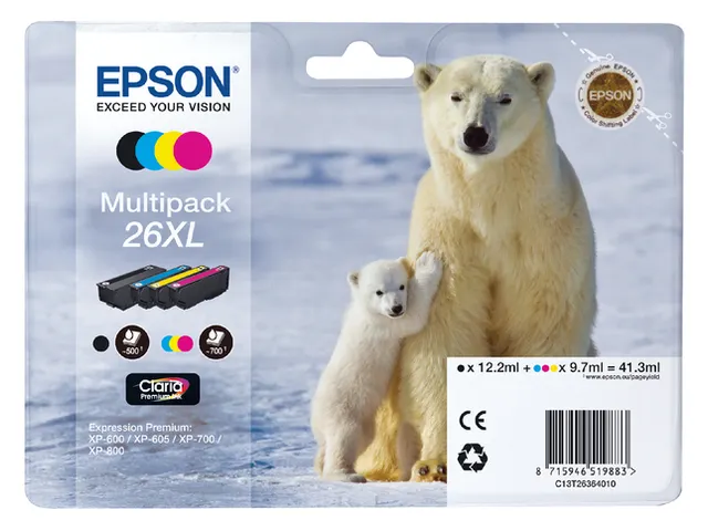 Inktcartridge Epson 26XL T2636 zwart + 3 kleuren HC C13T26364010