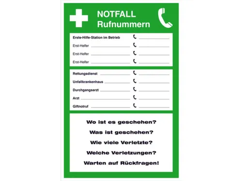 affiche,Noodnummers,PVC,groen/wit/zwart,om te verlijmen,HxB 300x200mm