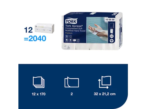 Tork 100888 H2 Xpress compressed Premium Handdoek 2-laags 12x170 stuk