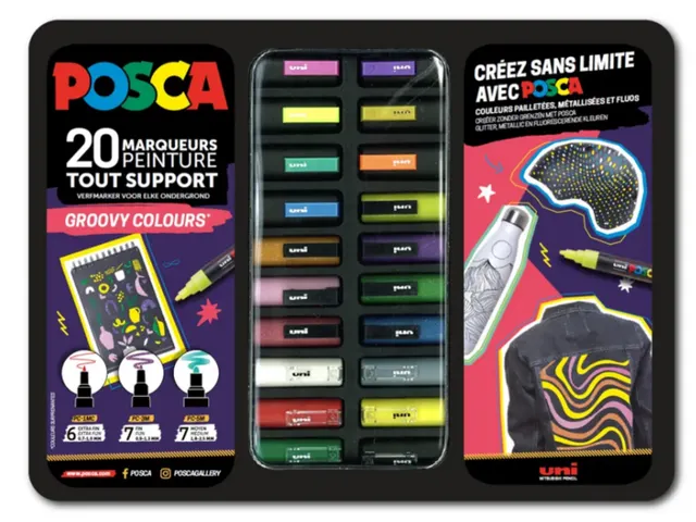 Paintmarker Uni POSCA Groovy Colours assorti metalen koffer à 20 stuk