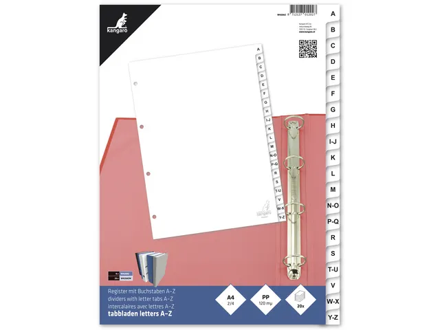 Tabblad Kangaro A4 letters PP 120 micron wit 4-gaats 20-delig A-Z