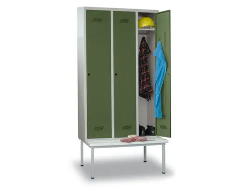 locker met bank,HxBxD 2150x1200x500mm,3vak,RAL7035,front RAL6011
