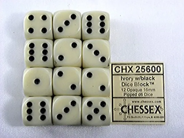 Dobbelsteen Chessex Ivory/black D6 16mm set à 12 stuks