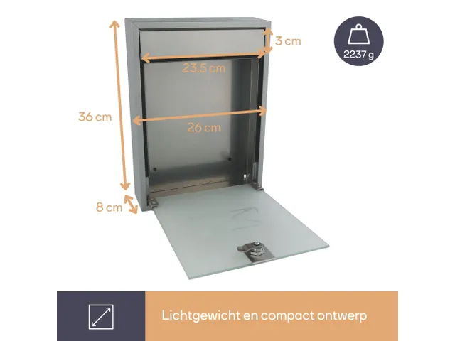 Brievenbus Milaan Zilver staal glazen front incl. 2 sleutels 36x26x8cm