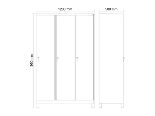locker,HxBxD 1950x1200x500mm,3vak,vak B 400mm,draaigrendel,voeten