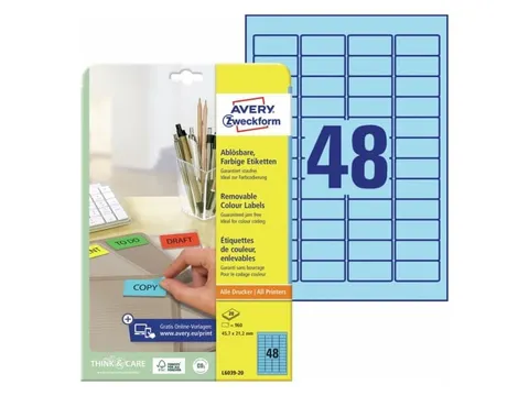 Etiket Avery Ilk 45.7x21.2mm 20 Vel 48 Etiketten Per Vel Blauw