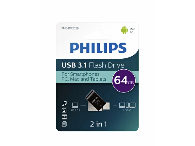 USB stick 3.1 Philips 2in1 USB-A 64GB zwart