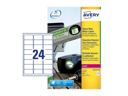 weerbestendig etiket Avery 63,5x33,9mm 20 vel 24 etiketten per vel