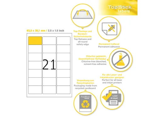 Etiketten universele labels A4 permanent 63,5x38,1mm Wit 2100 stuks