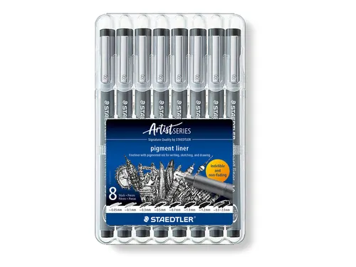 Fineliner Staedtler Pigment 308 zwart 8 stuks assorti lijnbreedtes