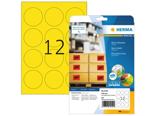 HERMA 5152 Gekleurde etiketten A4 Rond 60mm Neon Geel 240 stuks