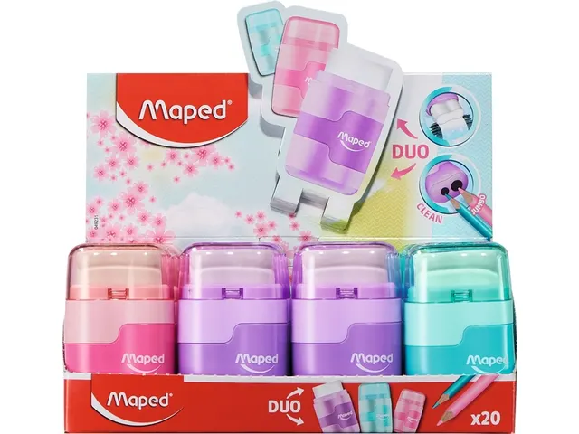 Puntenslijper Maped Connect 2-gaats met gum display à 20 stuks pastel