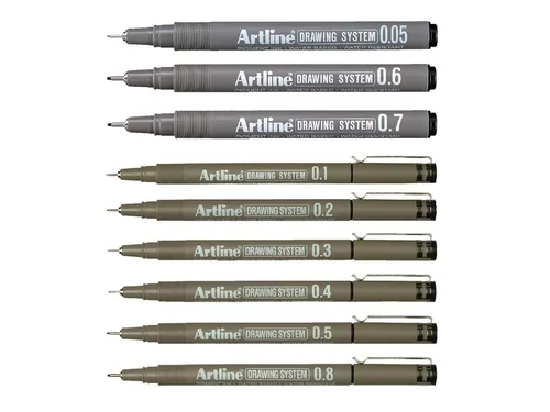 Fineliner Artline technisch etui met 0.2-0.4-0.6-0.8mm zwart