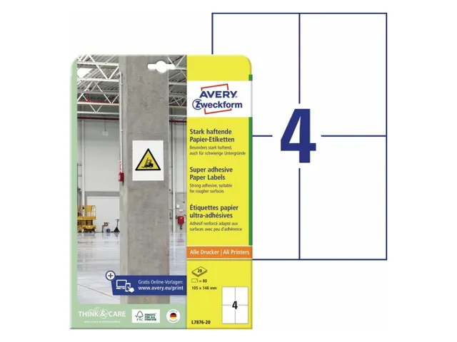 Avery Zweckform L7876 Sterk klevende etiketten A4 105x148mm 80 stuks