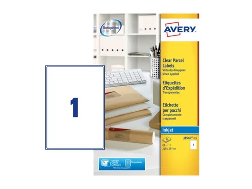 Adresetiket Avery J8567-25 210x297mm A4 Transparant Inkjet 25 stuks