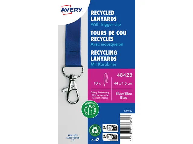 Lanyard Avery rPET blauw 440x15mm met karabijnhaak 10 stuks
