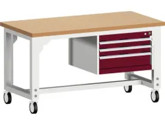 établi roulant HxlxP 840-1140x1500x750mm plateau hêtre rouge