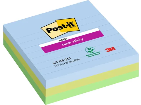 Memoblok Post-it 675-3 Super Sticky 101x101mm Oasis 3 stuks