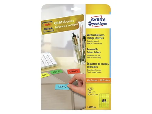 Gekleurde Etiketten Avery Zweckform 38.1x21.2mm Geel 1300 stuks