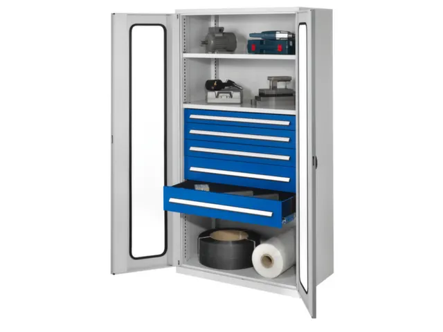 Materiaalkast Vensterdeuren 1950x1000x600mm 2legborden 5laden Ral7035