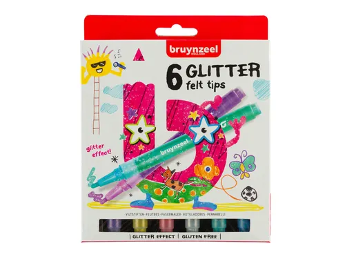 Viltstift Bruynzeel Kids assorti glitter 6 stuks