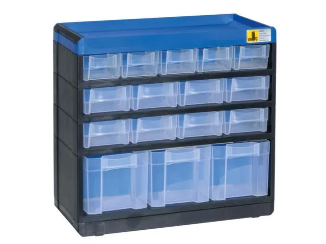 magazijnkast HxBxD 285x300x135mm 16laden behuizing zwart/blauw
