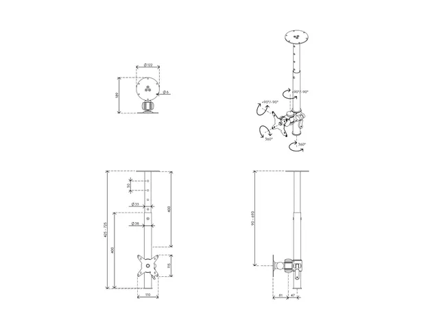 Bras support 1 écran plafond Viewmate Style 562 Argent