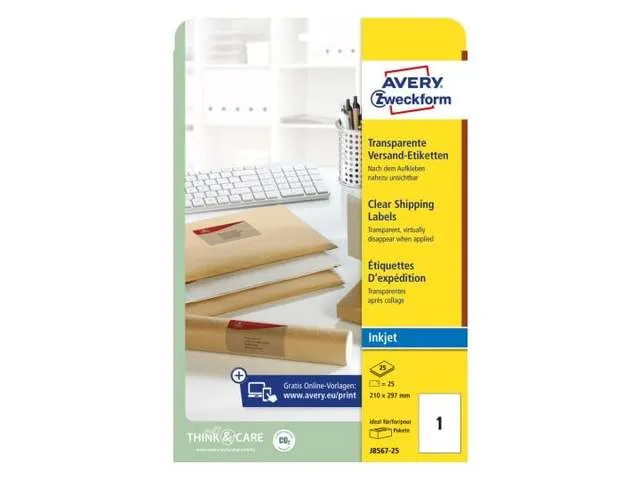 Adresetiket Avery J8567-25 210x297mm A4 Transparant Inkjet 25 stuks