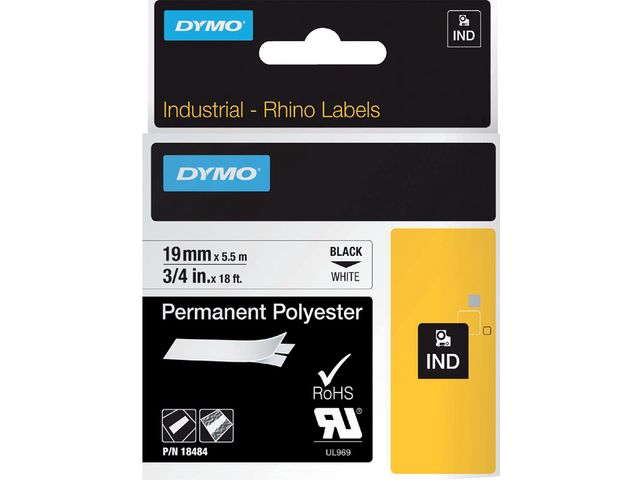 Labeltape Dymo Rhino 18484 Polyester 19mmx5.5m Zwart Op Wt | DymoEtiket.be
