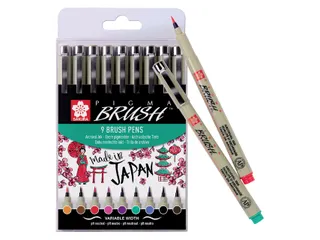 Viltstift met brushpen Bruynzeel Sakura Pigma etui 9 kleuren assorti - 5