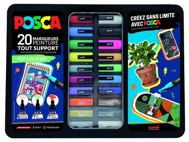 Paintmarker Uni POSCA Pop Colours assorti metalen koffer à 20 stuks