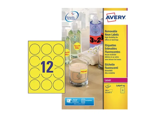 Etiket Avery L7670Y-25 63.5mm Rond Neon Geel 300 stuks