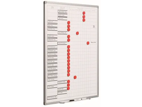 Aan- en afwezigheidsbord 70x60cm softline profiel 8mm 25 namen IN/OUT