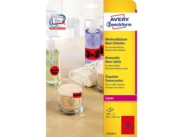 adresetiket Avery 99,1x38,1mm neonrood 25 vel 14 etiketten per vel