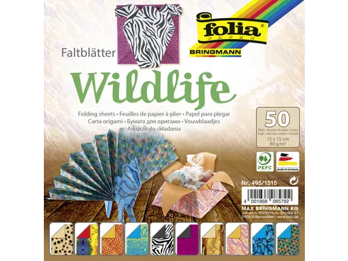 Vouwblaadjes Folia 80gr 15x15cm 50 vel 2-zijdig 10 wildlife designs