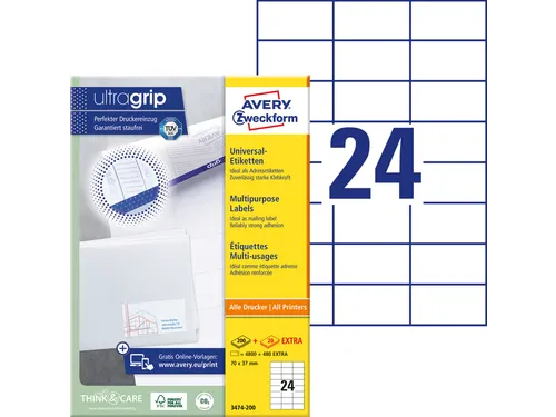 Etiket Avery Zweckform 3474-200 70x37mm wit 4800stuks