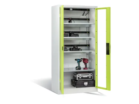 acculaadkast,HxBxD 1950x930x500mm,15stekkerdozen 230 V,ventilator