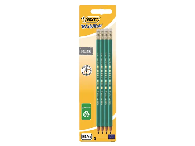 Potlood Bic Evolution ecolutions zeshoekig HB met gumtop 4 Stuks