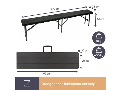 Inklapbare bank weerbestendig 180x25x43cm Rotanlook Zwart