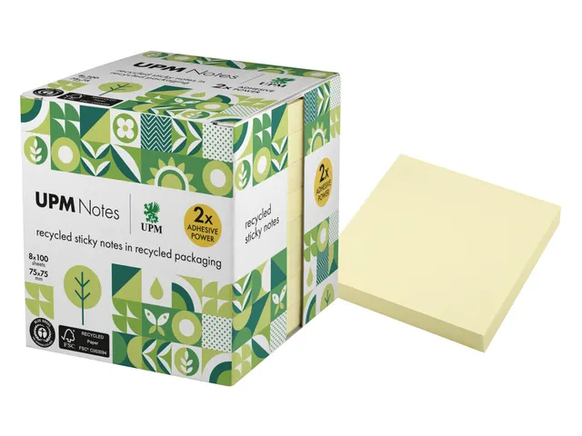 Sticky notes UPM recycled 75x75mm geel blok 100 vel, doos 8x blok