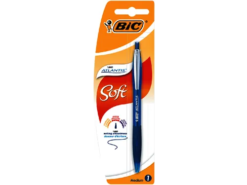 Balpen Bic Atlantis soft metalen clip clic medium blauw bister à 1st