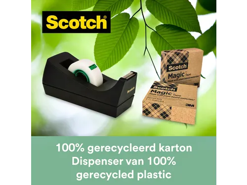 Plakbandhouder Scotch C38 recycled zwart + 3rol magic tape 900 19mmx33